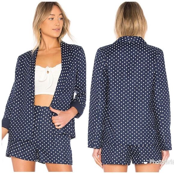 L’ACADEMIE Carter Linen Blazer Open Front Navy Blue White Polka Dot Medium New - Picture 4 of 16